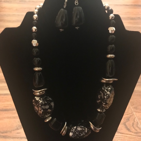 Black & silver marble print necklace & earrings! - Picture 3 of 3